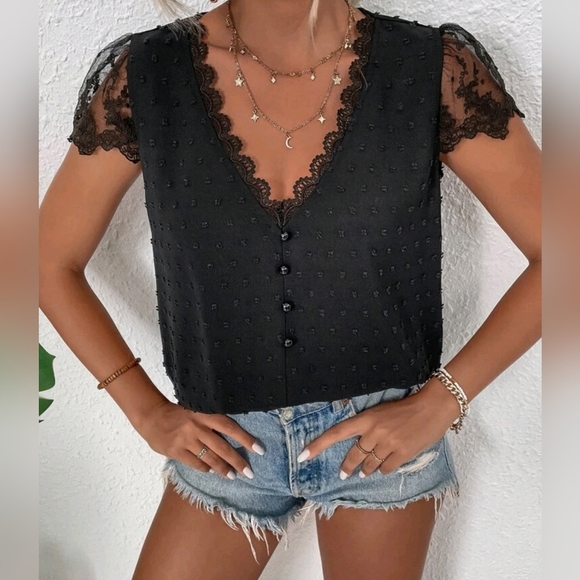 New Boho Embroidered Lace V Neck Top Blouse Swiss Dot Black - Picture 2 of 8
